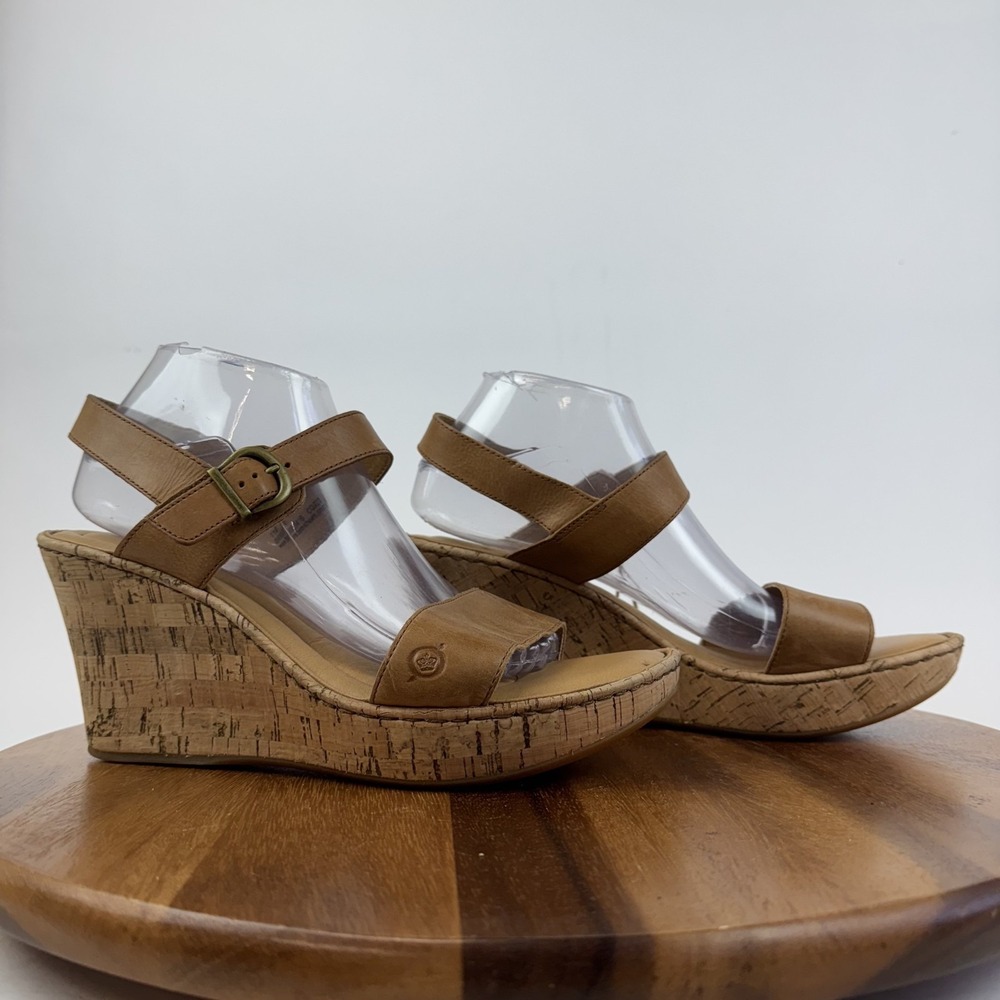 New NWOB Womens Born Lenore‎ Brown Leather Cork Strappy Wedges Sandals Size 11 M